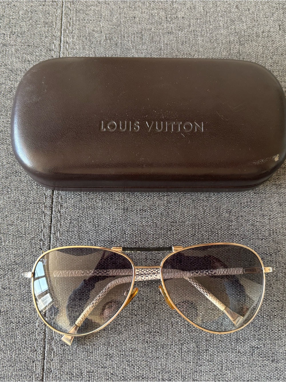 Louis Vuitton silver and grey lenses Aviator Sunglasses with Brown Case